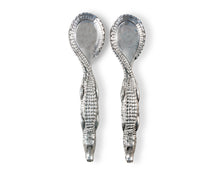 Load image into Gallery viewer, Silver colored spoons with Alligator shaped handles and the tail wrapped around the spoon