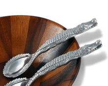 Load image into Gallery viewer, Silver colored spoons with Alligator shaped handles set in a large wooden bowl