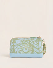 Load image into Gallery viewer, Wristlet with blue and green floral print with a gold chain handle and gold zipper
