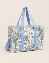 Load image into Gallery viewer, Getaway Travel Duffle Japonica Bird Green cream with and blue and green floral patter and blue handles