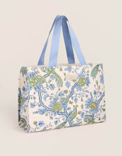 Load image into Gallery viewer, Spartina 449 Market Tote Japonica Bird Green cream color back with blue handles and a blue and green floral print with birds