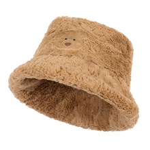 Load image into Gallery viewer, brown fluffy hat with appliqué bear face