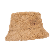 Load image into Gallery viewer, brown fluffy hat with appliqué bear face