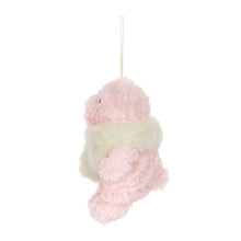Load image into Gallery viewer, Side view of Jellycat Leola Bear decoration with a cream scarf, pink plush paws and a small rounded tail.