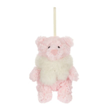 Load image into Gallery viewer, Jellycat Leola Bear Winter Warmer Decoration, a pale pink plush bear wearing a cream scarf with a hanging ribbon.
