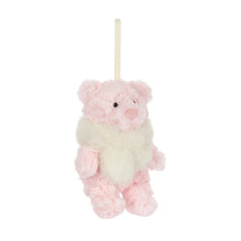 Load image into Gallery viewer, Jellycat Leola Bear decoration at an angle, showing its pink nose, black eyes, cream scarf and hanging ribbon.