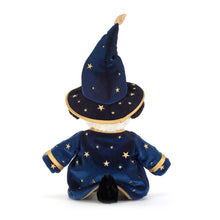 Load image into Gallery viewer, Jellycat Rufferty Puppy 'Wizard' with blue robe and hat covered in gold stars back view