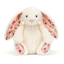Load image into Gallery viewer, Jellycat Blossom Cream Bunny with strawberry floral pink fabric on its ears and feet