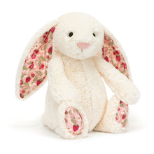 Load image into Gallery viewer, Jellycat Blossom Cream Bunny with strawberry floral pink fabric on its ears and feet