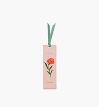 Load image into Gallery viewer, Pink January Birth Month Bookmark with a red carnation flower and a green ribbon