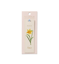 Load image into Gallery viewer, tan March Birth Month Bookmark with a yellow daffodil flower and a pink ribbon