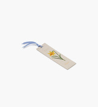 Load image into Gallery viewer, tan March Birth Month Bookmark with a yellow daffodil flower and a blue ribbon side view