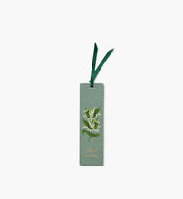 Load image into Gallery viewer, Blue-Green May Birth Month Bookmark with white Lily of the Vally flowers and a dark green ribbon