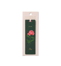Load image into Gallery viewer, Dark Green June Birth Month Bookmark with pink rose flower and a pink ribbon
