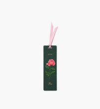 Load image into Gallery viewer, Dark Green June Birth Month Bookmark with pink rose flower and a pink ribbon