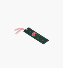 Load image into Gallery viewer, green November Birth Month Bookmark with pin peony flower and a pink ribbon side view