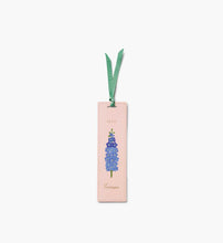 Load image into Gallery viewer, Pink July Birth Month Bookmark with blue larkspur flower and a teal green ribbon