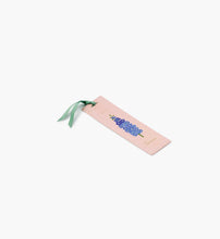 Load image into Gallery viewer, Pink July Birth Month Bookmark with blue larkspur flower and a teal green ribbon side view