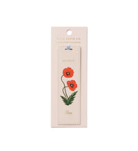 Load image into Gallery viewer, Tan August Birth Month Bookmark with red Poppy flower and a light blue ribbon