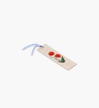 Load image into Gallery viewer, Tan August Birth Month Bookmark with red Poppy flower and a light blue ribbon side view