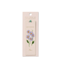 Load image into Gallery viewer, Tan September Birth Month Bookmark with blue Aster flower and a teal green ribbon
