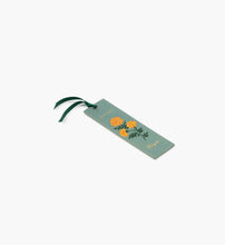 Load image into Gallery viewer, Blue green October Birth Month Bookmark with orange marigold flower and a green ribbon side view
