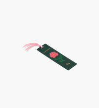 Load image into Gallery viewer, Dark Green June Birth Month Bookmark with pink rose flower and a pink ribbon side view