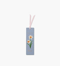 Load image into Gallery viewer, light blue December Birth Month Bookmark with white and orange Narcissus flower and a pink ribbons