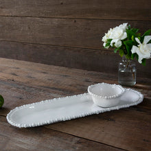 Load image into Gallery viewer, small white bowl sitting on a long narrow white tray both with beaded rim