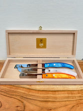 Load image into Gallery viewer, Claude Dozorme Berlingot Boxed Breakfast Knife Set - White/Orange/Bright Blue - Set of 3 - 7.5"L to 9"L