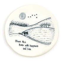 Load image into Gallery viewer, Countryside Coaster reads Bless this Home with happiness and love - under a line drawing
