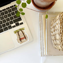 Load image into Gallery viewer, Camp Backpack Sticker in a watercolor style on a computer