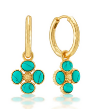 Load image into Gallery viewer, A pair of gold huggie hoop earrings with dangling floral clusters of five round turquoise-colored stones, shown on a clean white background.