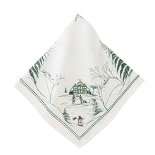 Load image into Gallery viewer, white napkin with green winter country estate designs with red accents