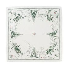 Load image into Gallery viewer, white napkin with green winter country estate designs with red accents