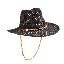 Load image into Gallery viewer, black hat with wood and shell strap