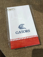 Load image into Gallery viewer, Guest towel napkin pack of 20, white with orange hemstitch custom printed with GATORS and an alligator motif. Caspari product custom printed by AGAPANTHUS.