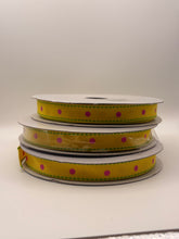 Load image into Gallery viewer, Dot Stitch Ribbon - Yellow w/ Pink Dots - 5/8" Wide - By the Yard
