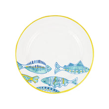 Load image into Gallery viewer, Vietri Elba's Fish Dinner Plate white plate with yellow border and several blue yellow and white fish painted design