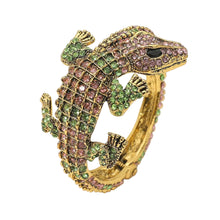 Load image into Gallery viewer, Gold Crocodile/Alligator shaped bracelet with many pink and green stones