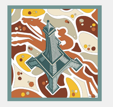 Load image into Gallery viewer, Equestrian Tower Silk Scarf with an image of the Eiffel tower in shades of green tag and browns.