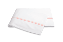 Load image into Gallery viewer, Matouk Essex flat sheet with two simple lines of embroidery in pink, one line a slightly lighter shade than the other