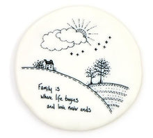 Load image into Gallery viewer, Countryside Coasters reads Family is Where Life Begins and love never ends, with line drawing of house, the sun and trees