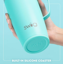 Load image into Gallery viewer, Swig Travel Mug with information text Built-in silicone coaster