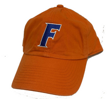 Load image into Gallery viewer, An orange baseball cap featuring a large embroidered blue letter 'F' outlined in white on the front panel, set against a plain white background.