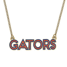 Load image into Gallery viewer, necklace with pendant that reads Gators in orange and blue enamel