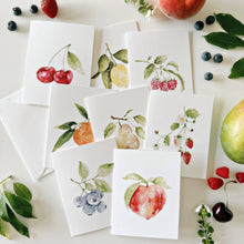 Load image into Gallery viewer, Eight Fruit Assorted Notecard Set - cherry, blueberry, orange, raspberry, lemon apple, strawberry, pear