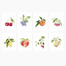 Load image into Gallery viewer, Eight Fruit Assorted Notecard Set - cherry, blueberry, orange, raspberry, lemon apple, strawberry, pear