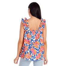 Load image into Gallery viewer, woman in flower print and ruffle strap sleeves photographed from the back
