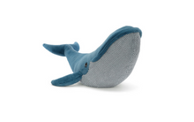 Load image into Gallery viewer, A blue and gray whale-shaped plush toy with a textured fabric body, photographed on a clean white background.